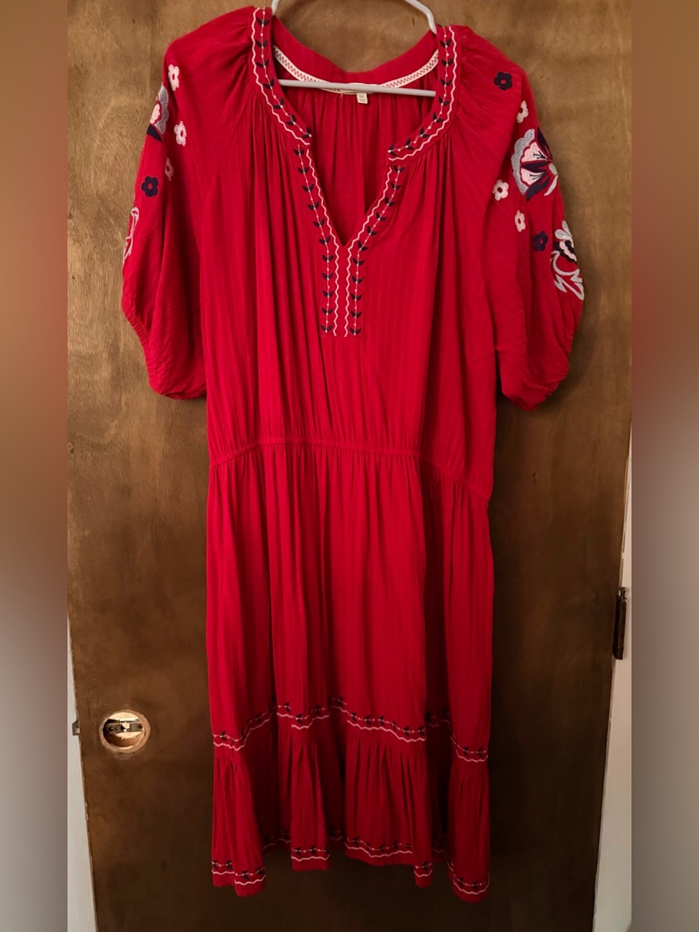 Kate & Sam Red Embroidered Dress with Puff Sleeves